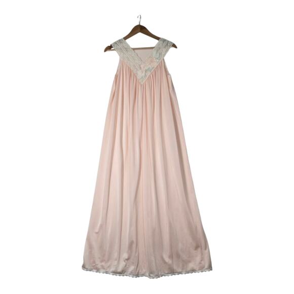 VTG Shadowline Satin Long Nightgown S Peach Sleeveless V-Neck Lace Embr Flowers - Picture 1 of 13